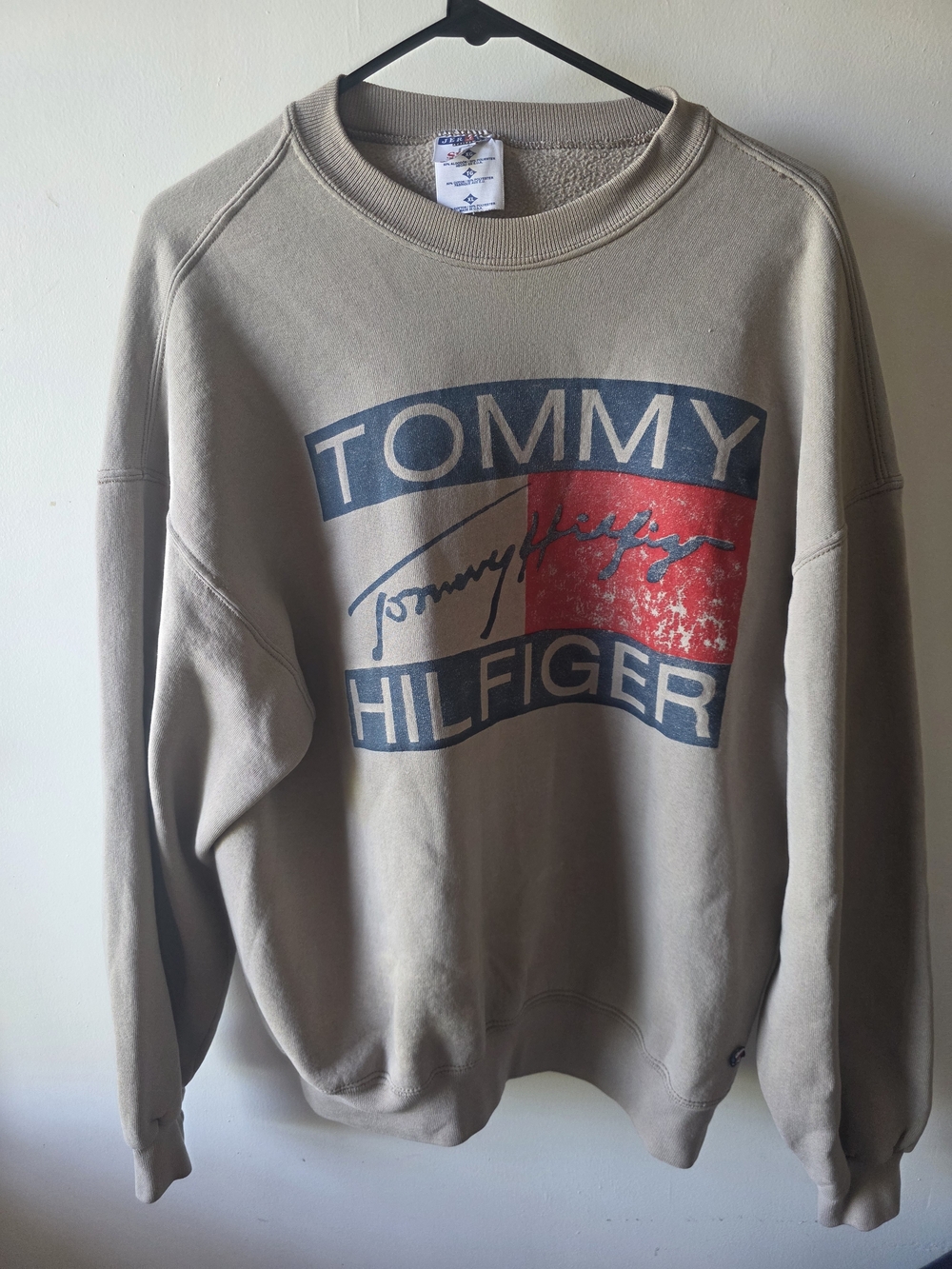 Vintage Tommy Hilfiger Spell Out Flag Logo Sweatshirt XL Boxy Fit USA Jerzees